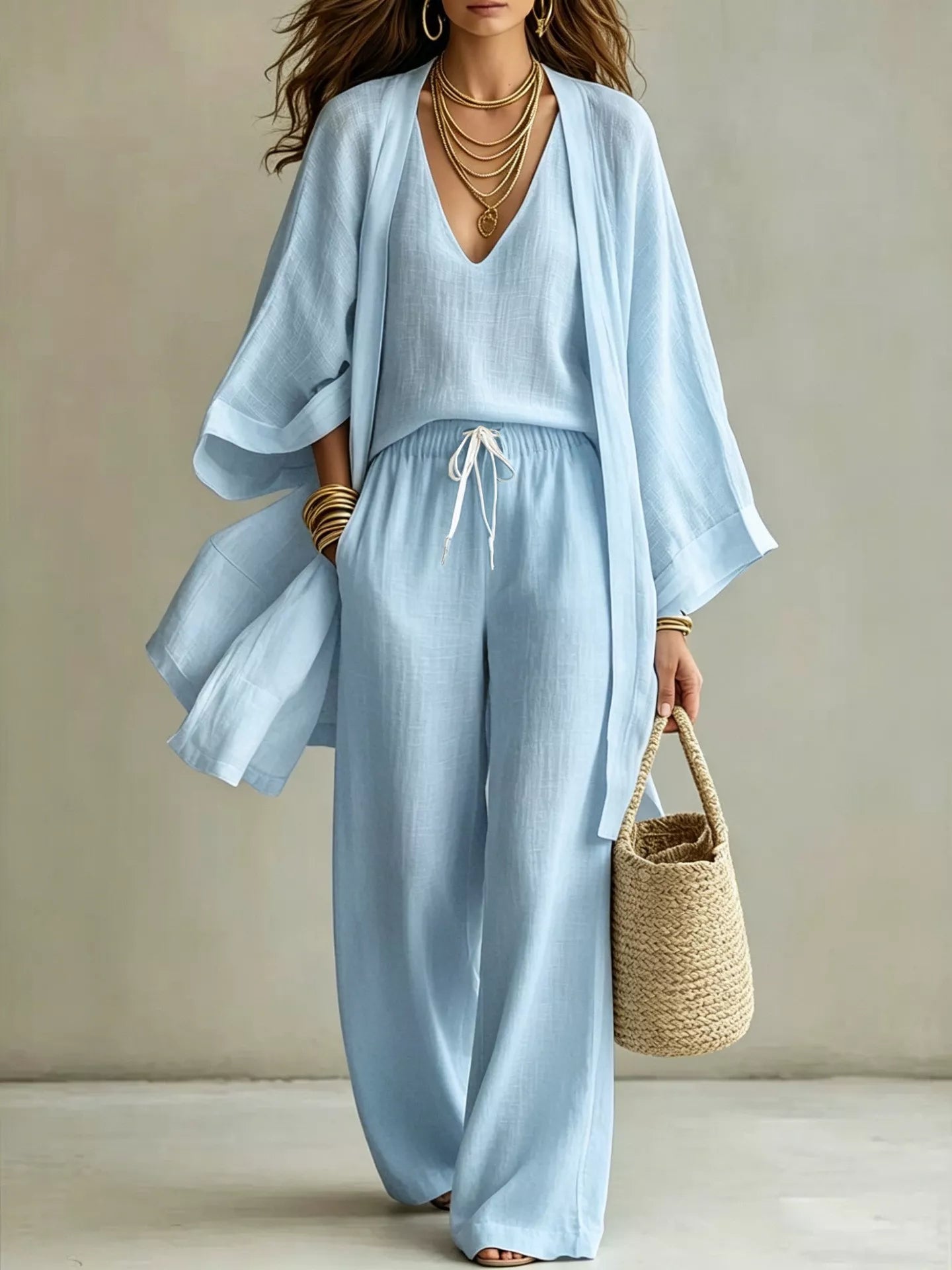 Trendsi Full Size V-Neck Tank & Cardigan and Pants Set Plus Size -