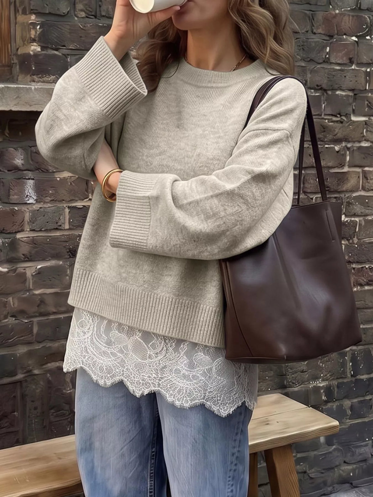 Beige layered lace hem sweater, bell sleeve view