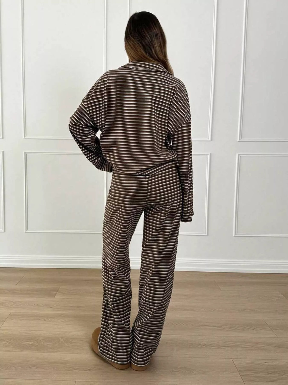Striped Polo Top and Wide-Leg Pants Set, back view