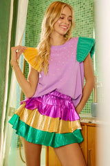 Trendsi BiBi Mardi Gras Color Block Metallic Tiered Skirt -
