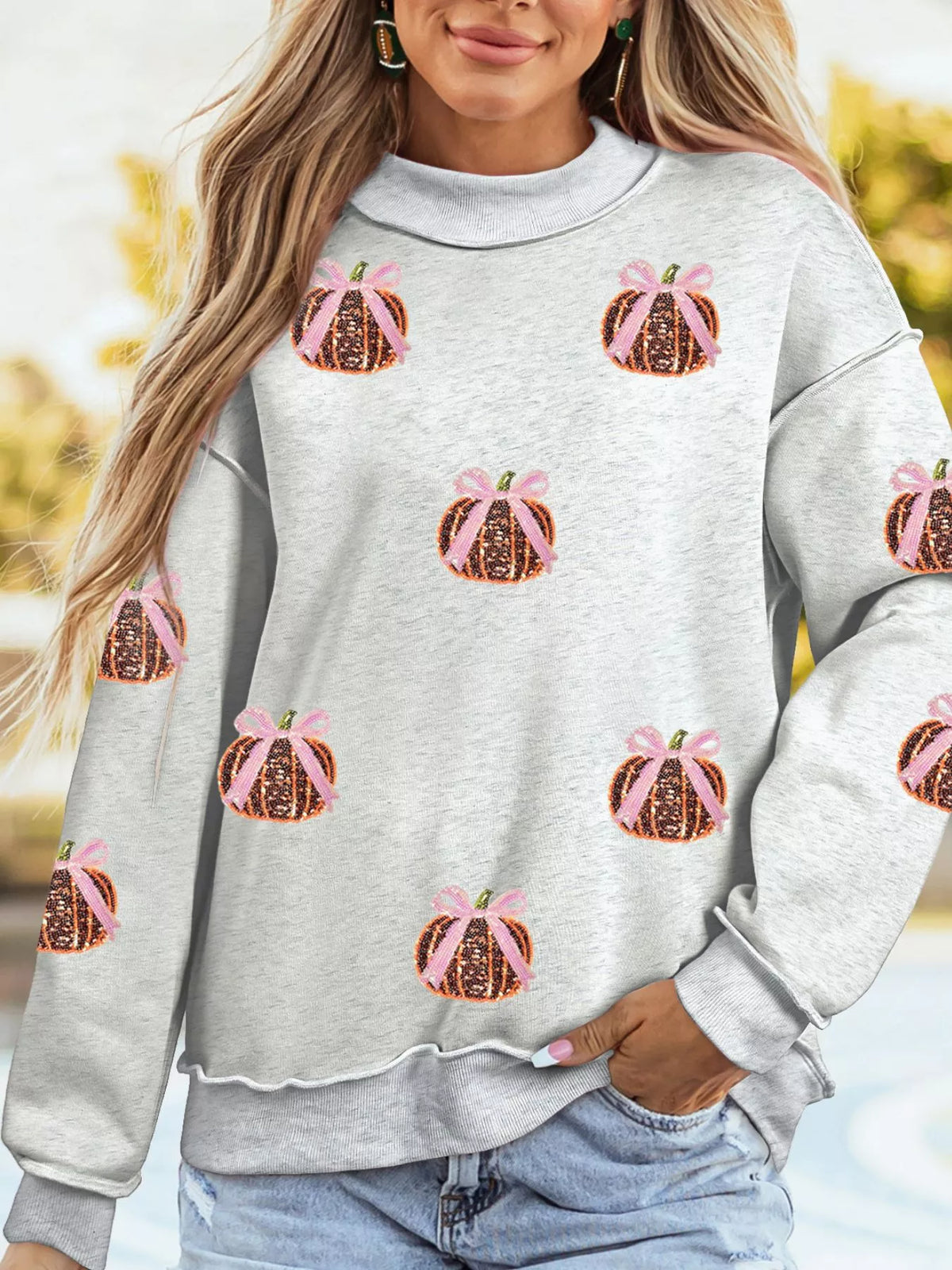 Gray pumpkin print thanksgiving sequin pumpkin sweatshirt — front view