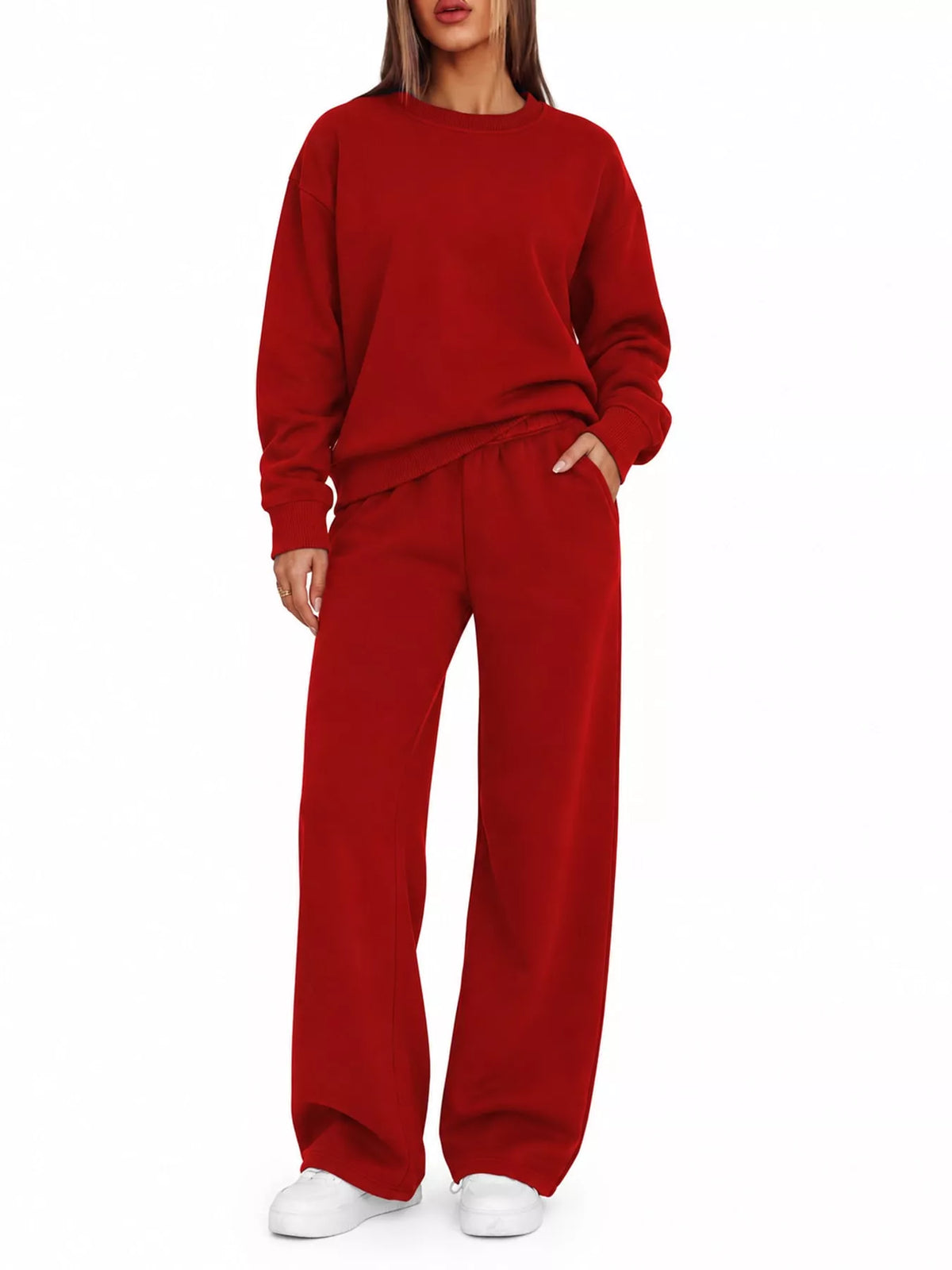 Crewneck Drop Shoulder Sweatshirt and Wide-Leg Pants Set — front view
