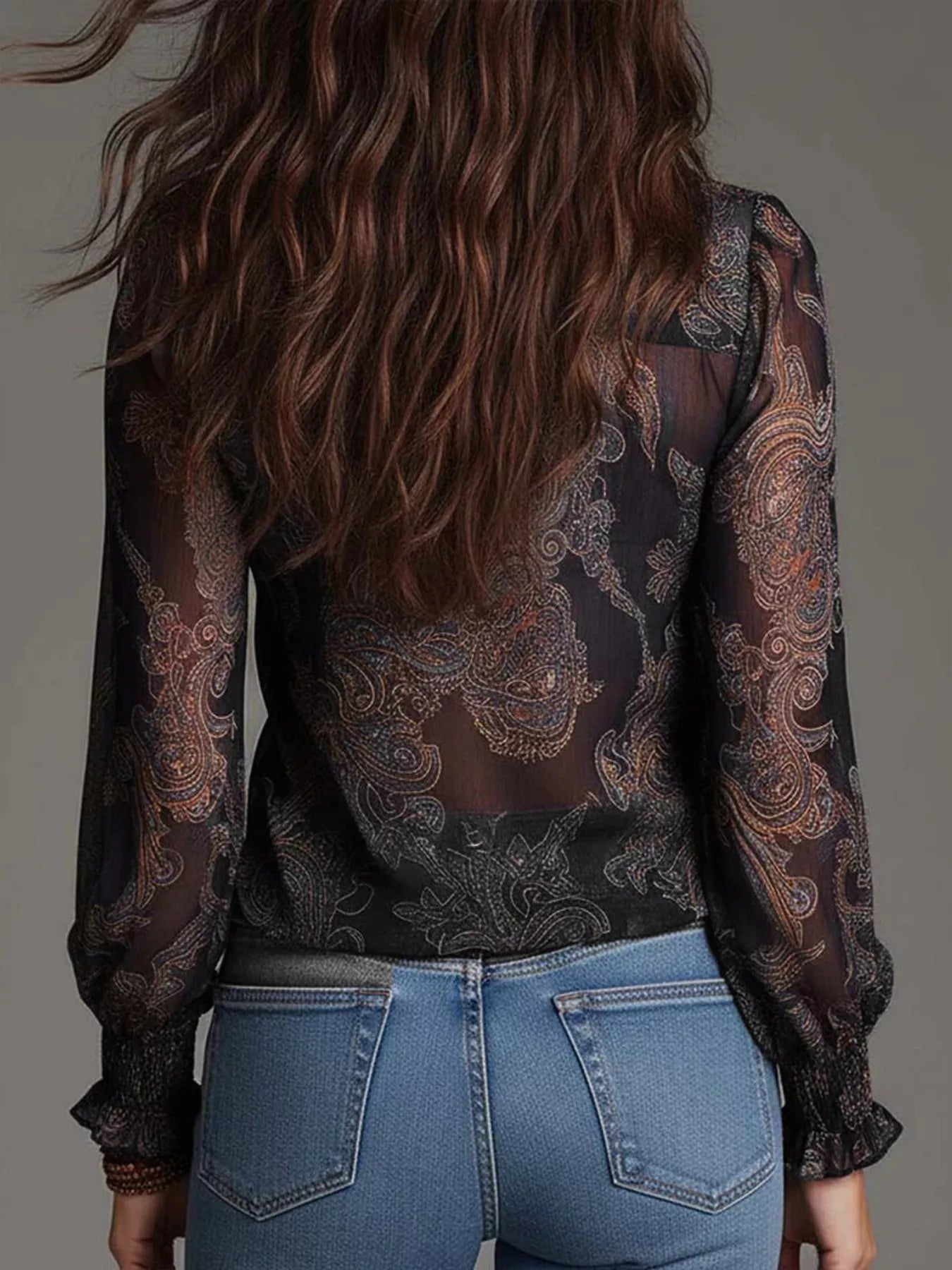 Trendsi Full Size Paisley Print Ruffle Trim Zip-Front Blouse Plus Size -