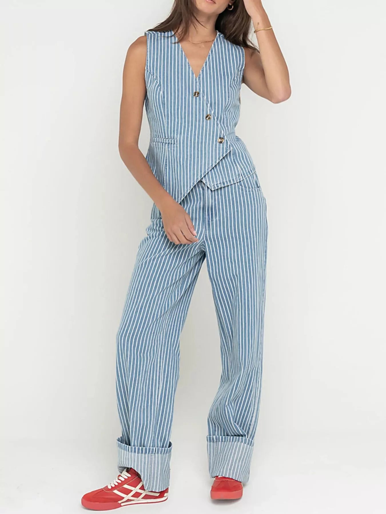 Trendsi Striped Button Up Sleeveless Top and Jeans Denim Set -