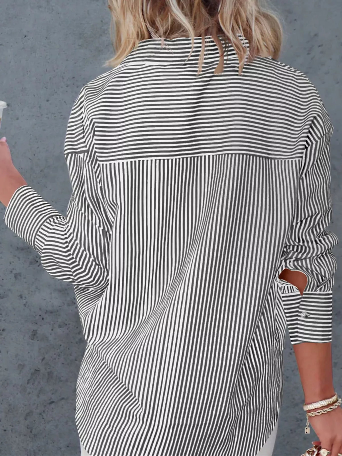 Black striped button-down shirt, back view
