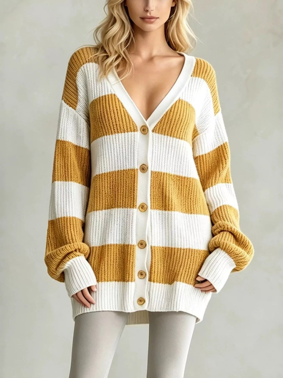 Striped cardigan, mustard and white front