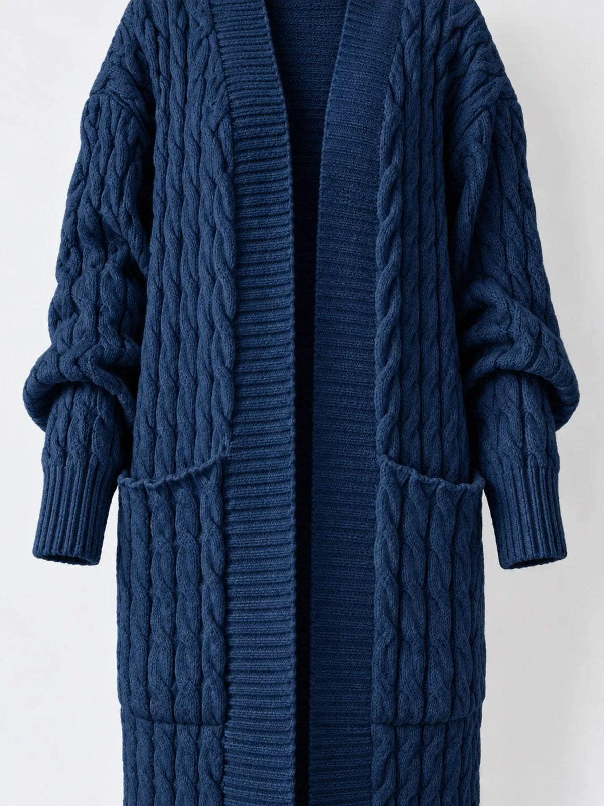 Denim Blue cable-knit longline open-front cardigan