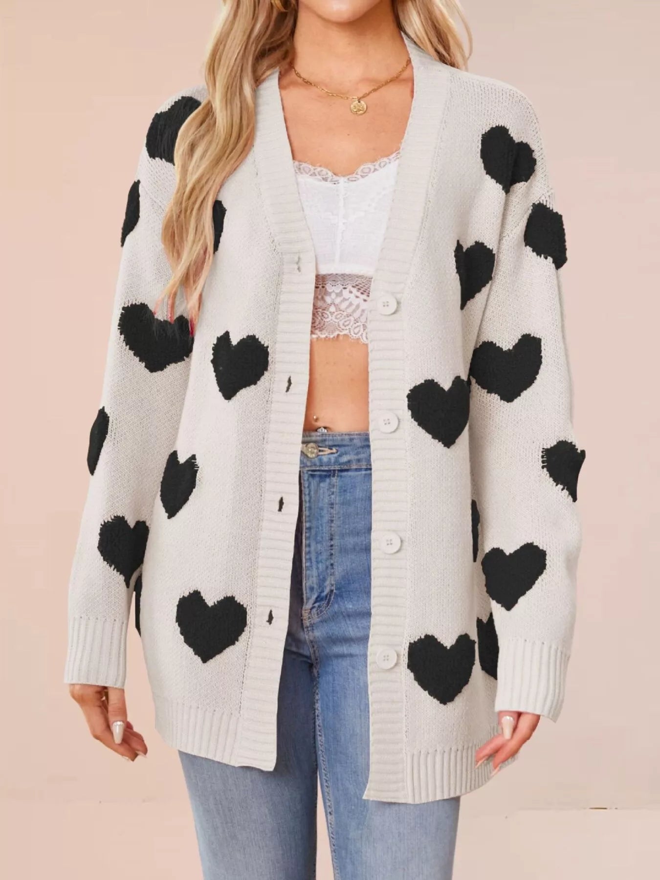Trendsi Heart Pattern V-Neck Button-Down Knit Cardigan -