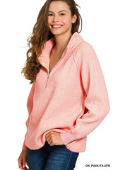 Trendsi Zenana Ribbed Two Tone Half Zip Sweater -