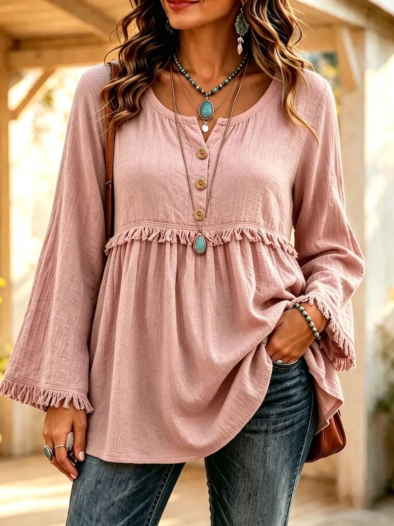 Trendsi Button-Down Detail Fringed Hem Blouse -