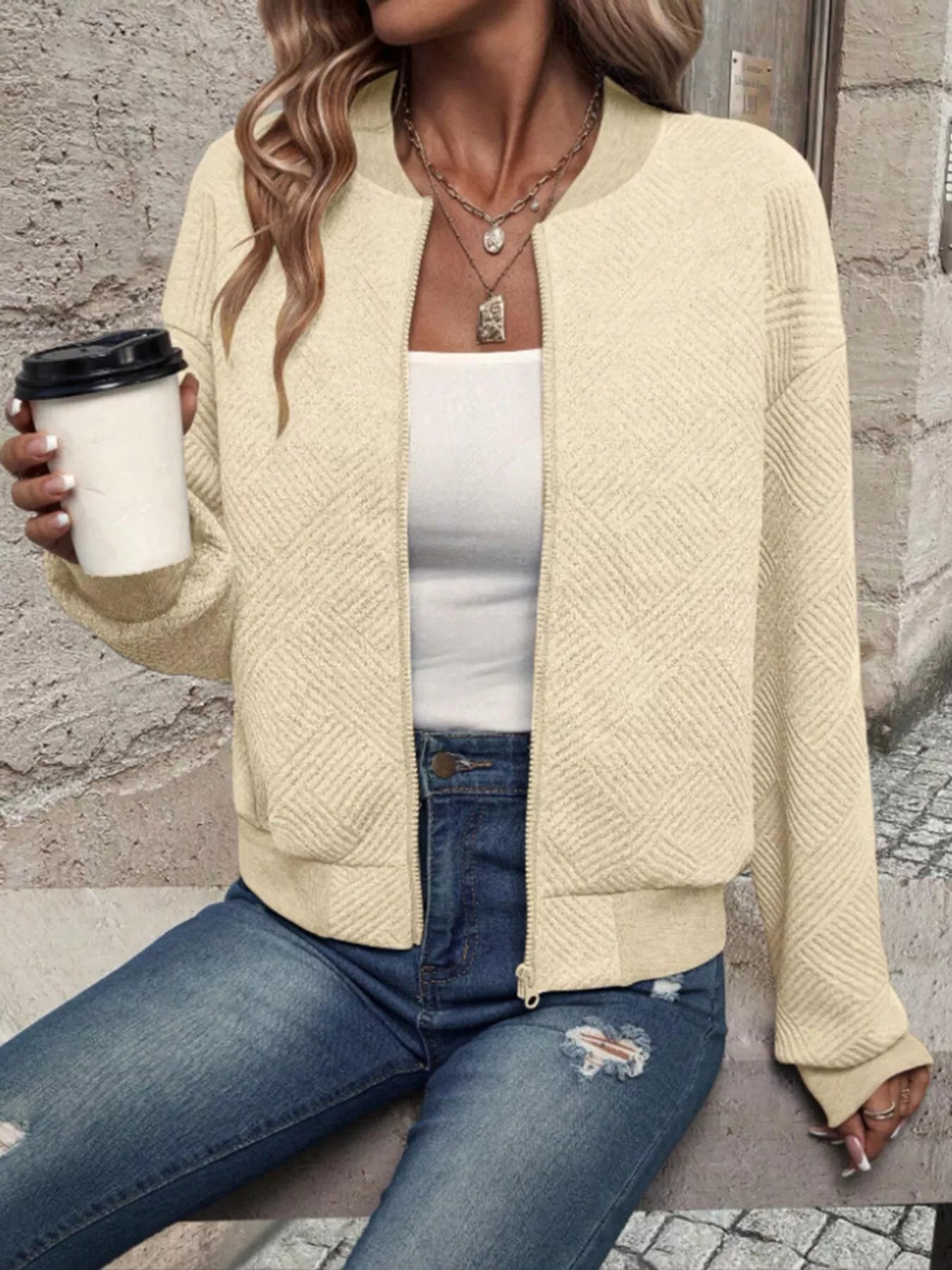 Trendsi Textured Knit Zip-Up Bomber Jacket -