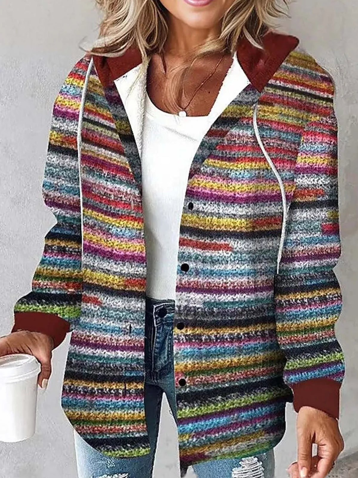 Button-Down Printed Contrast Hooded Shacket — front view