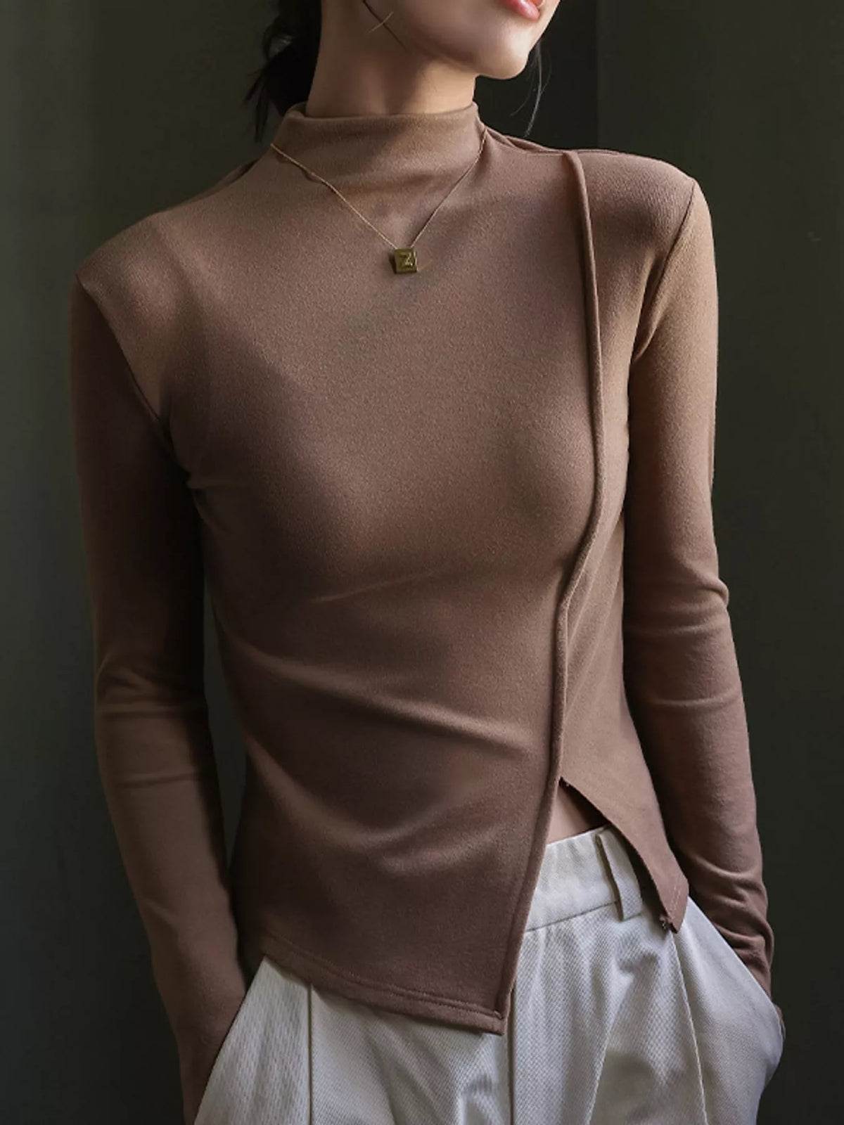 Khaki mock neck long sleeve t-shirt