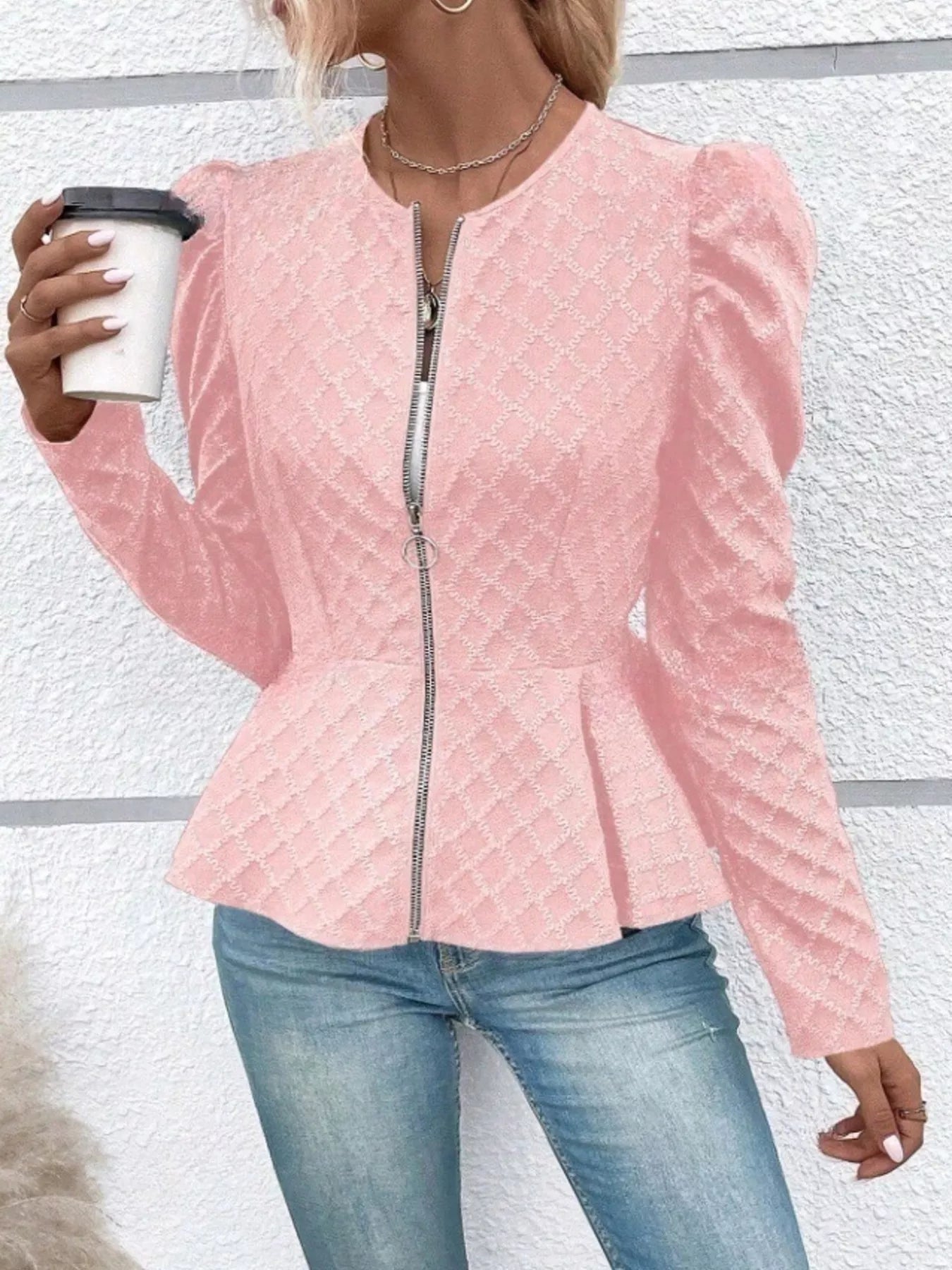 Trendsi Puff Sleeve Textured Jacquard Jacket -