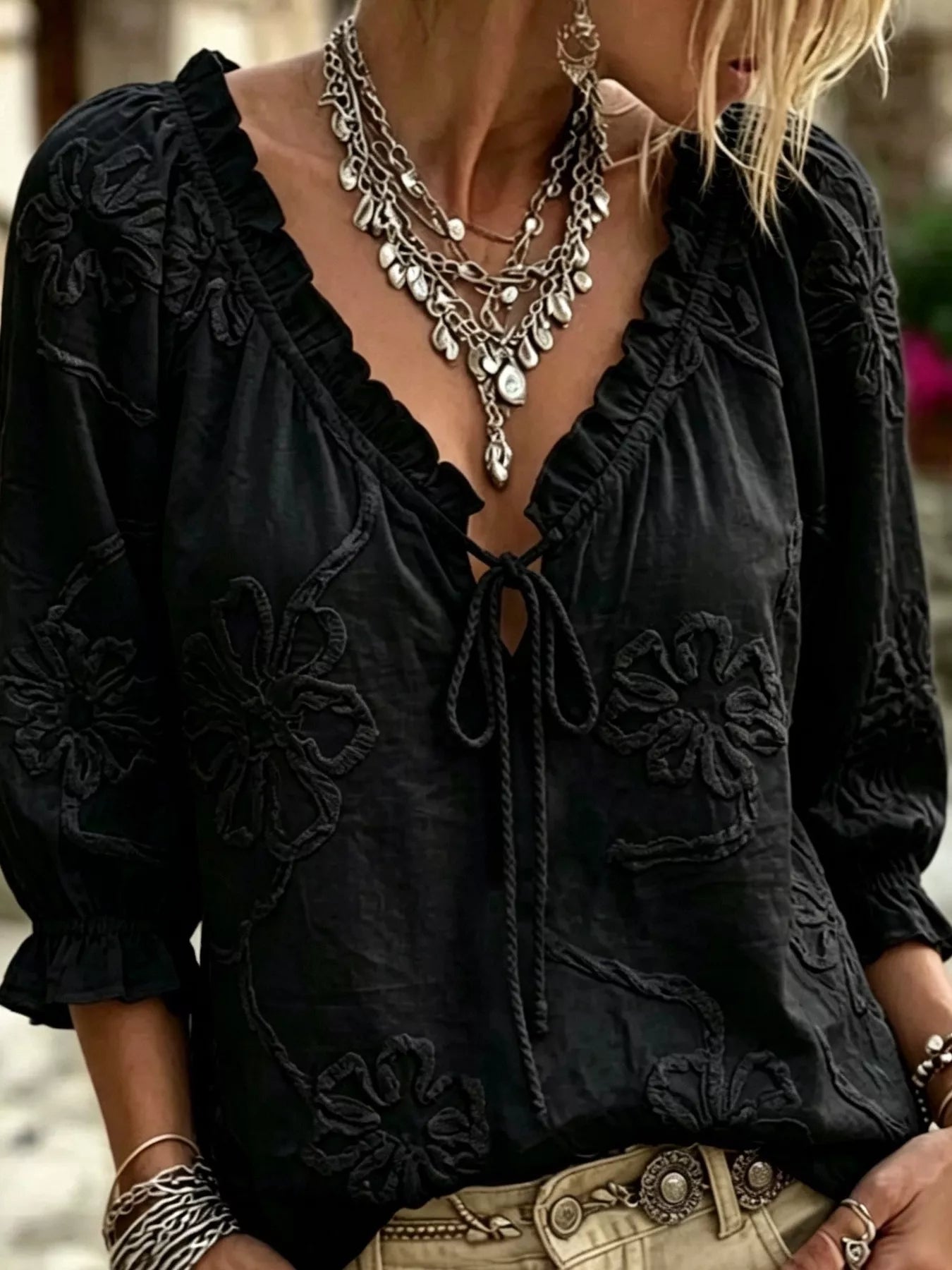 Trendsi Full Size Flower Tie Front 3/4 Sleeve Blouse Plus Size -