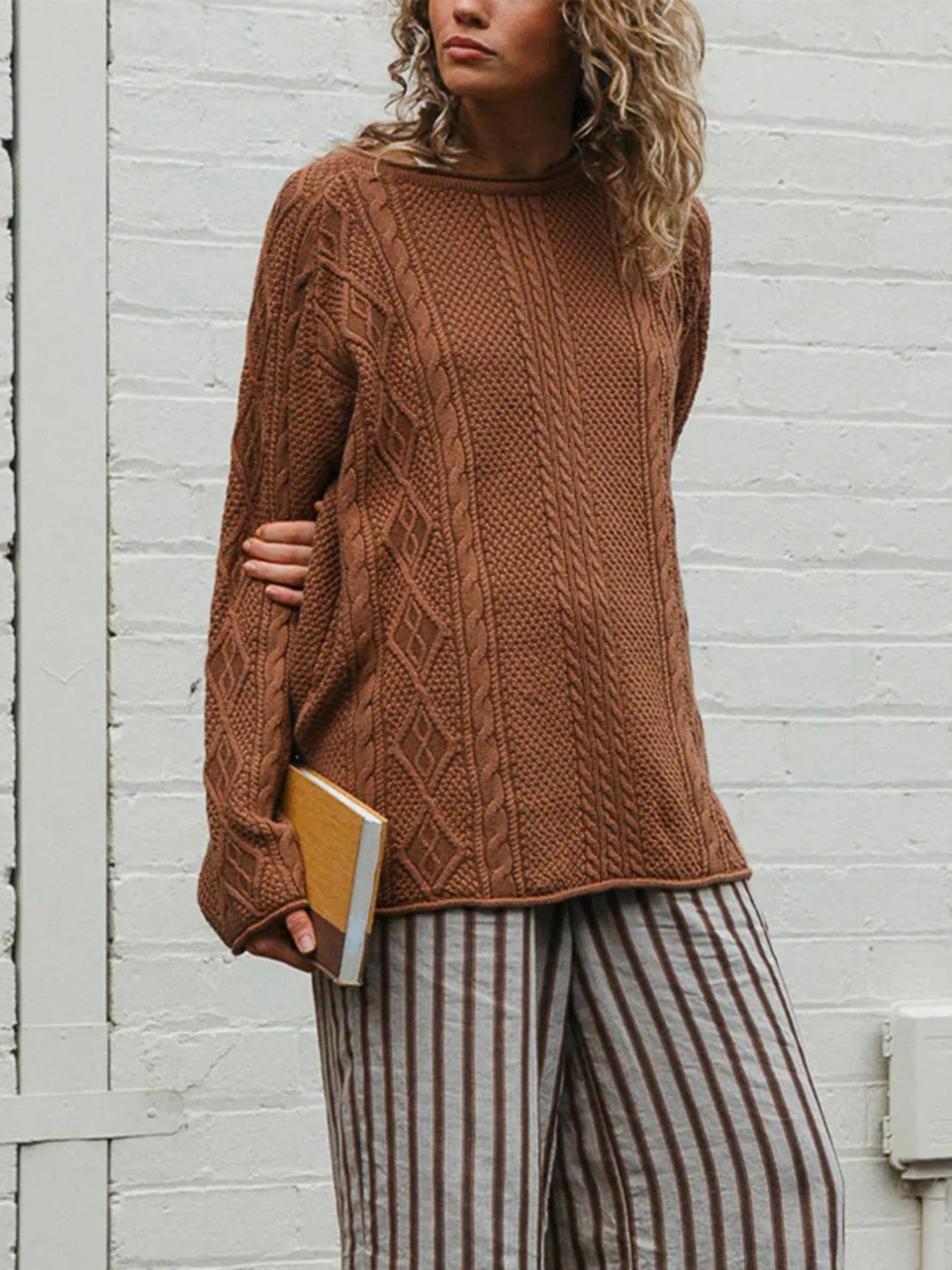 Trendsi Crew Neck Cable-Knit Sweater -