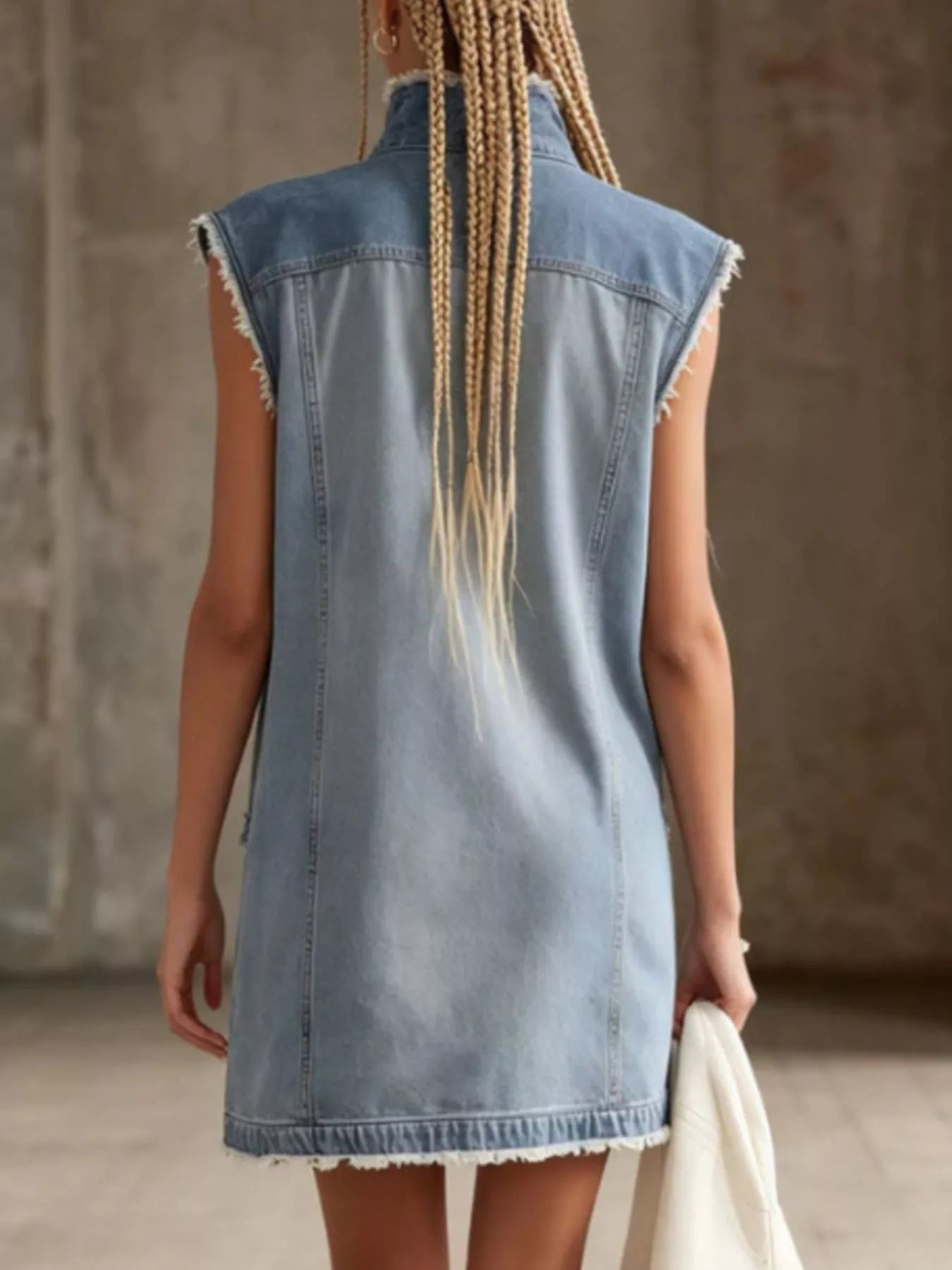 Sleeveless frayed-hem zip-front denim mini dress