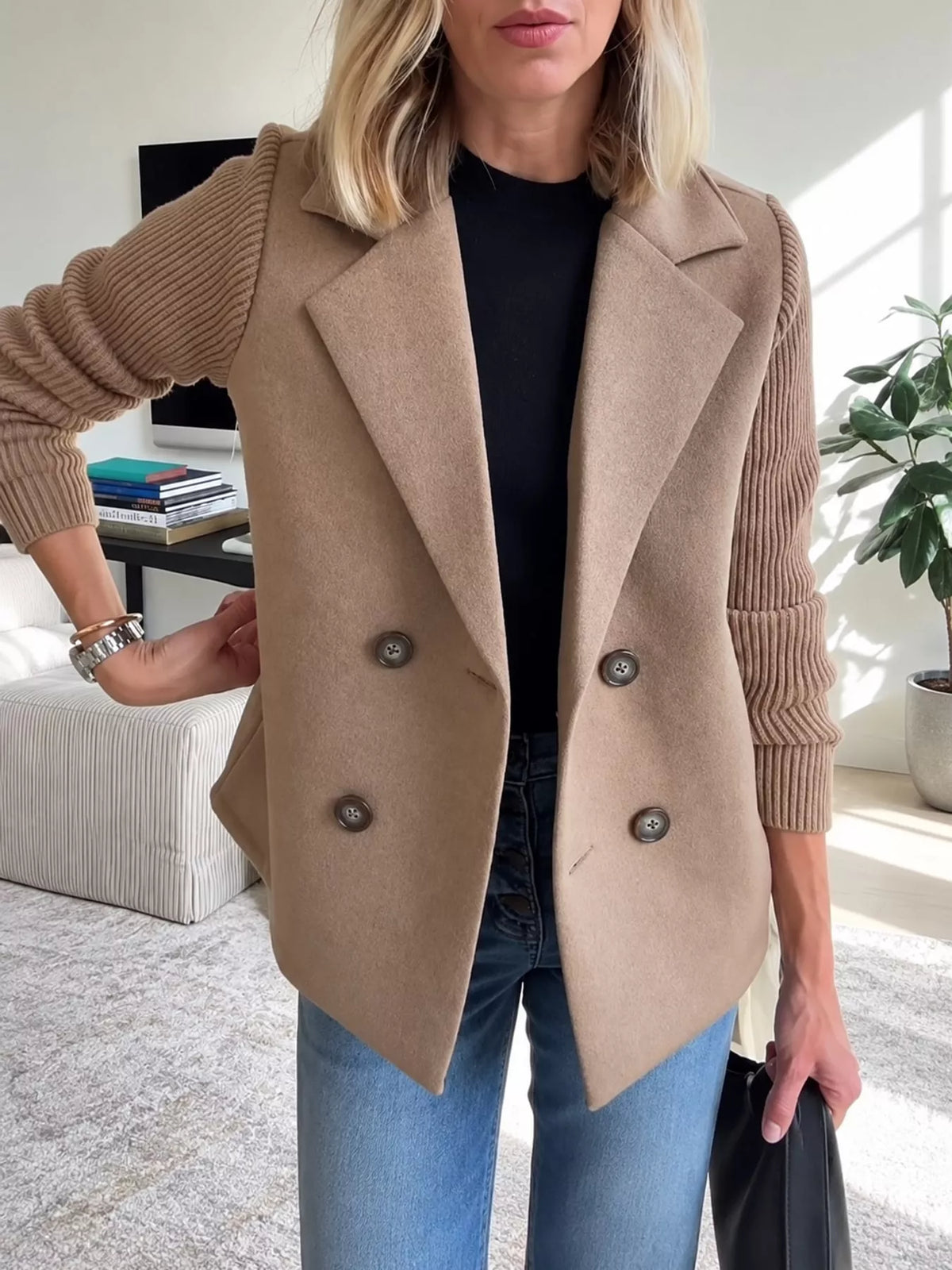 Tan double-breasted lapel collar blazer — front view