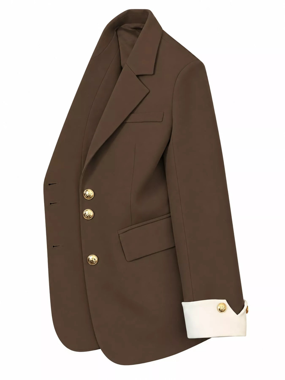 Brown single-breasted blazer with gold-tone buttons, side view