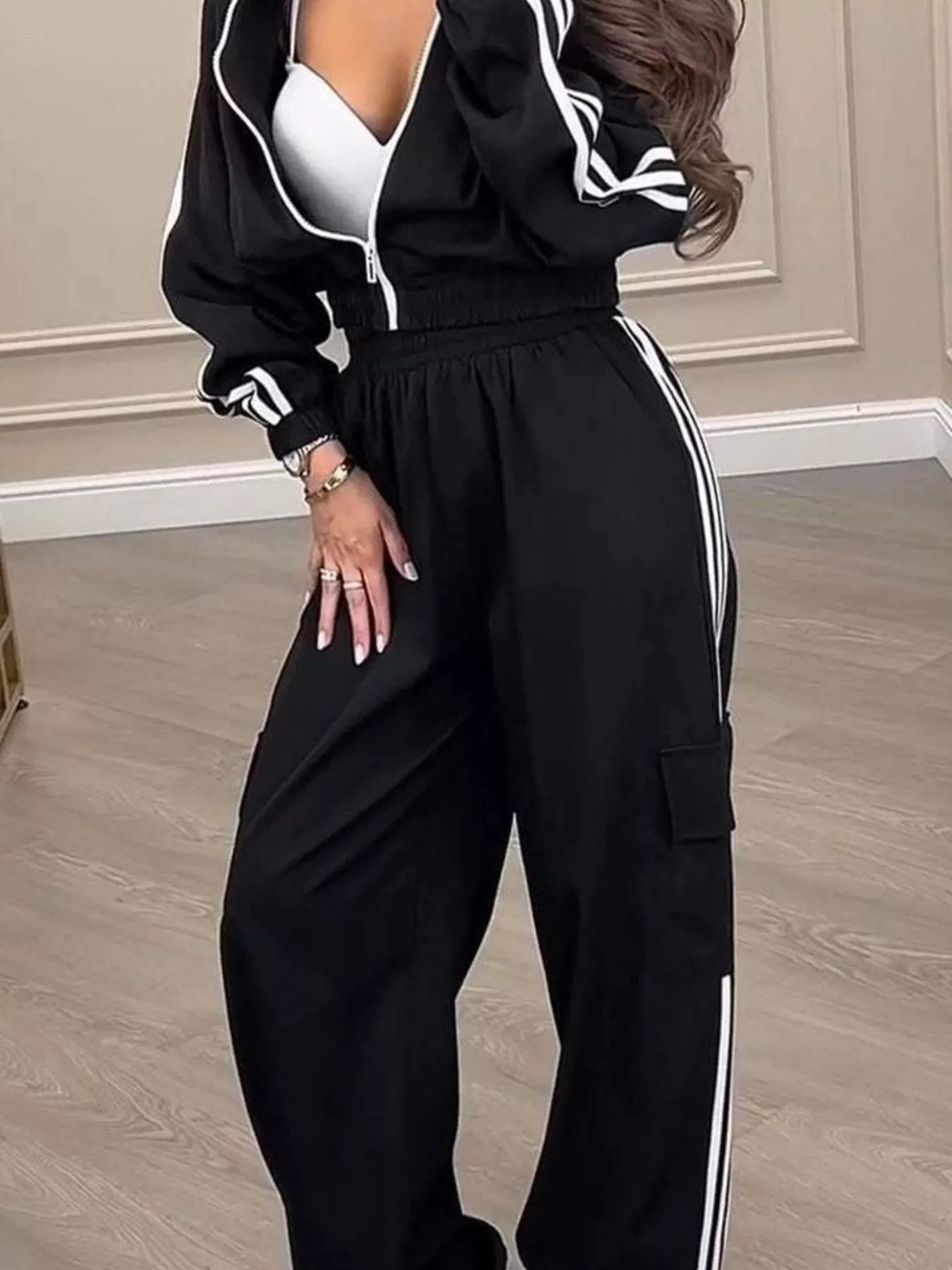 Trendsi Full Size Side Striped Zip Up Outerwear and Pants Set Plus Size -
