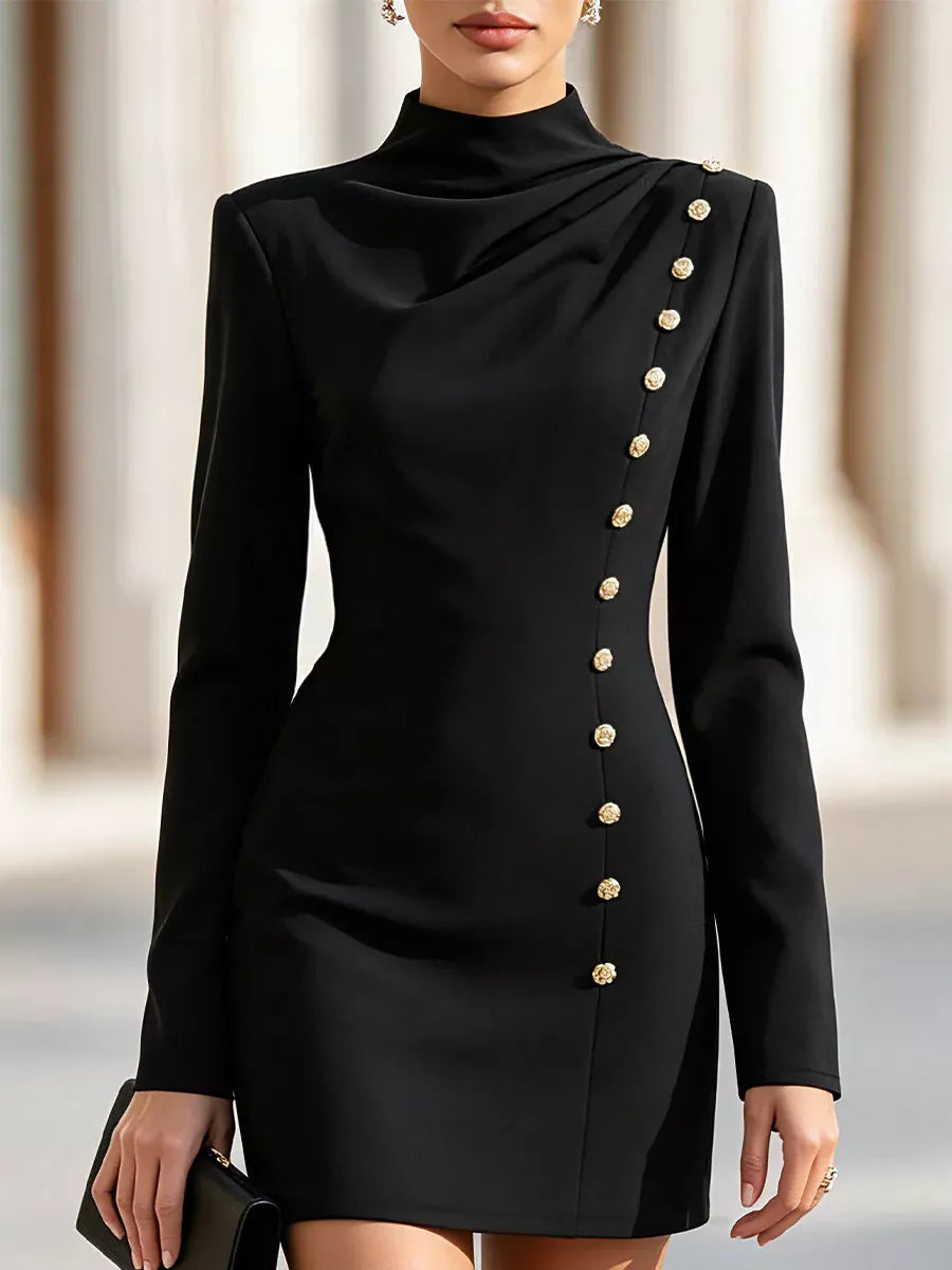 Mock-neck button-detail bodycon mini dress in black, front view