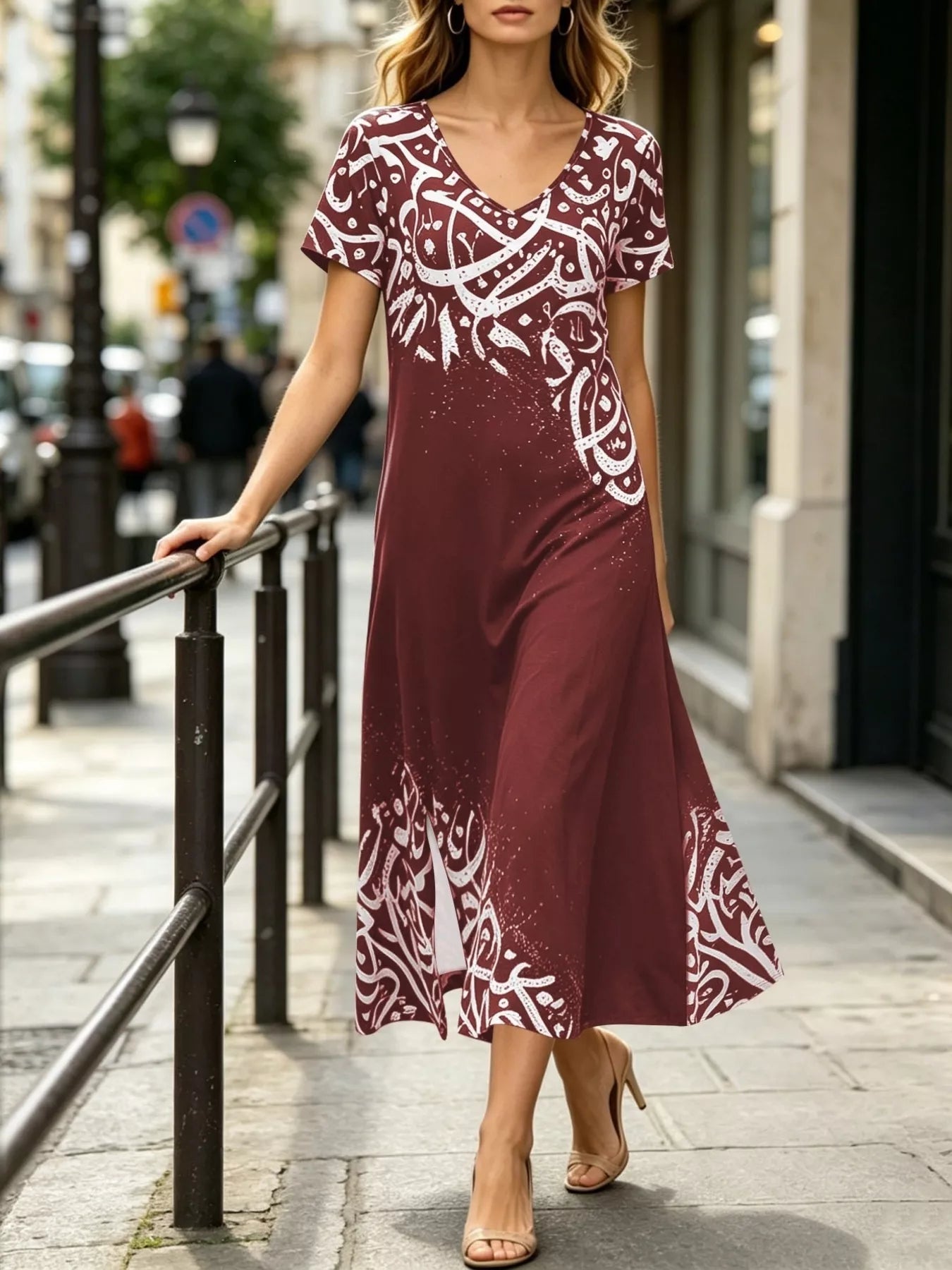 Trendsi Printed Short Sleeve Midi Dress -
