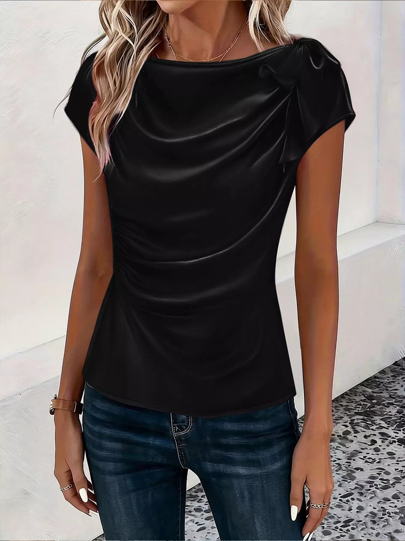 Trendsi Ruched Short Sleeve Satin Top -