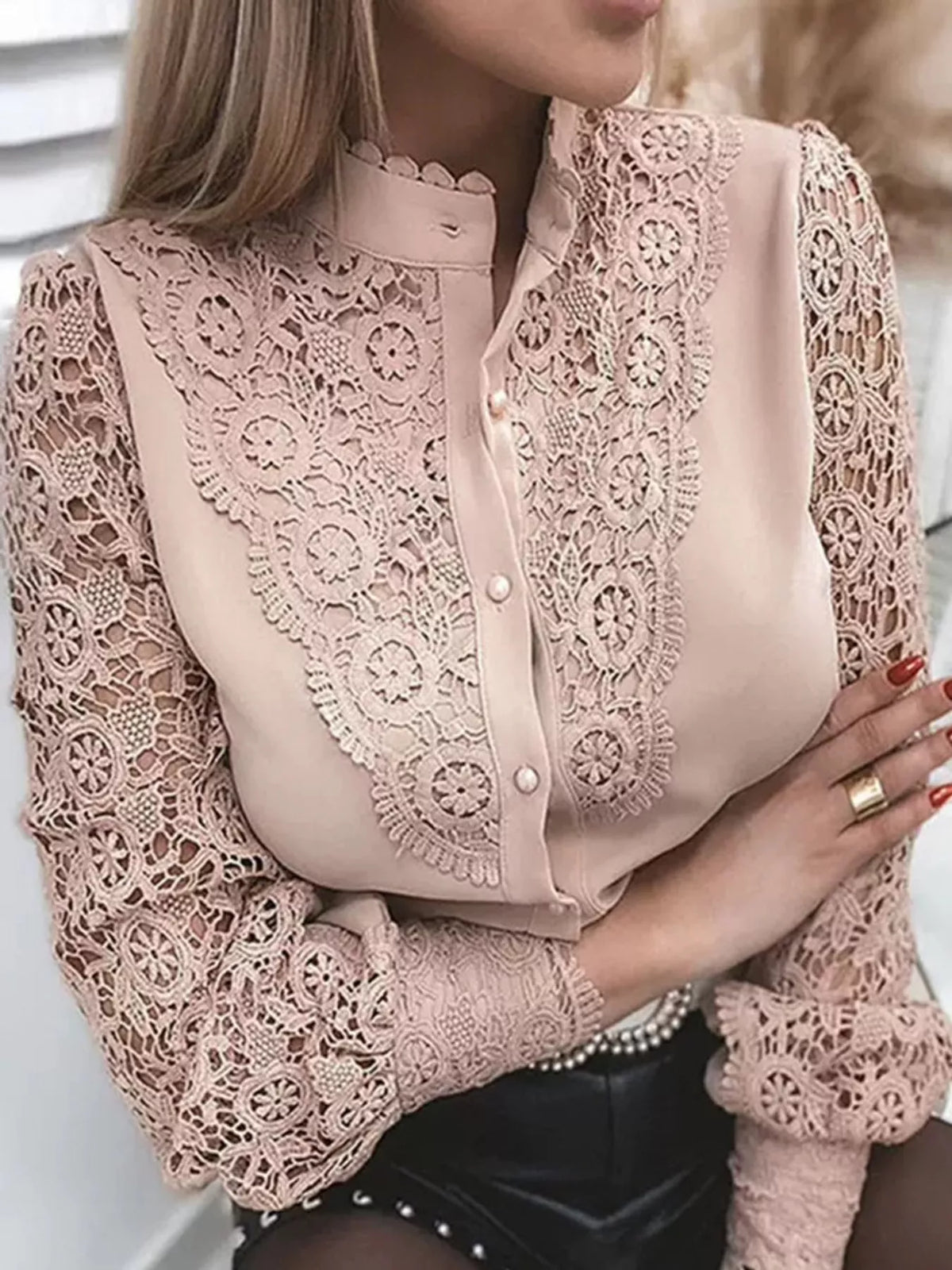 Dusty pink lace-trim shirt with long sleeves