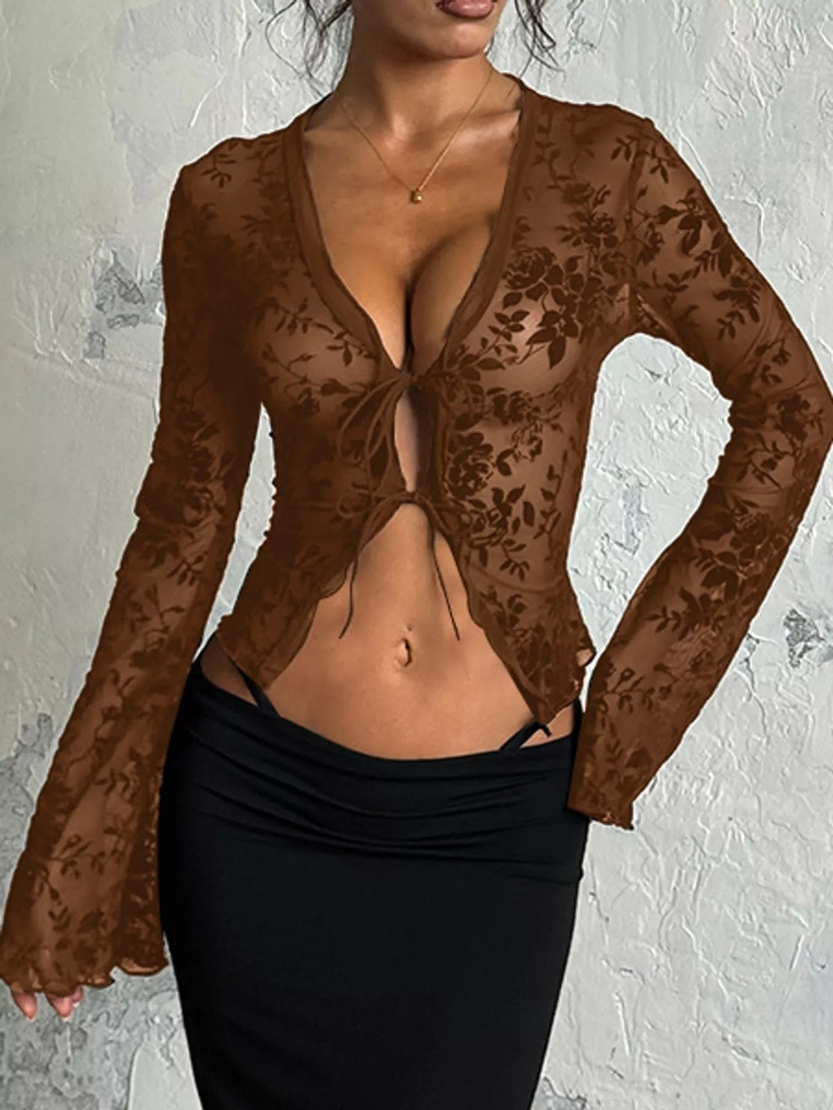 Sheer Floral Tie-Front Flare Sleeve Top in brown