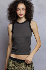 Trendsi POL Round Neck Cropped Tank with Lace Trim -