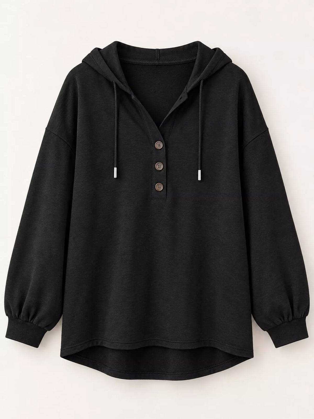 Women's Button Placket Drawstring Dropped Shoulder Hoodie in black — flat lay view