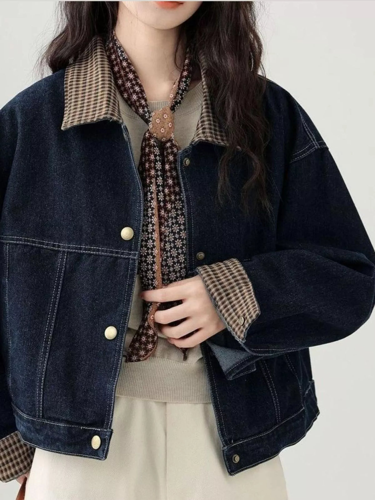 Snap-Front Plaid Collar Denim Jacket — front view