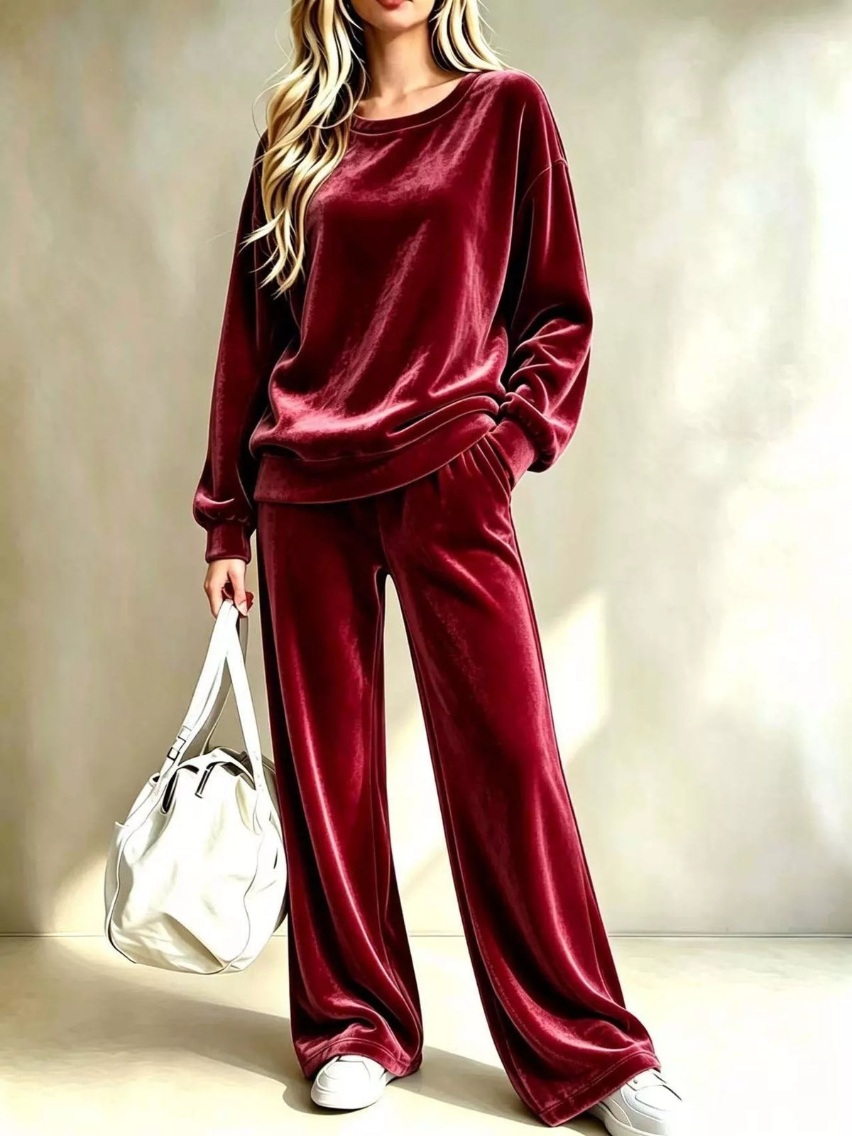 Women's Dropped Shoulder Velvet Top and Wide Leg Pants Set in burgundy — front view