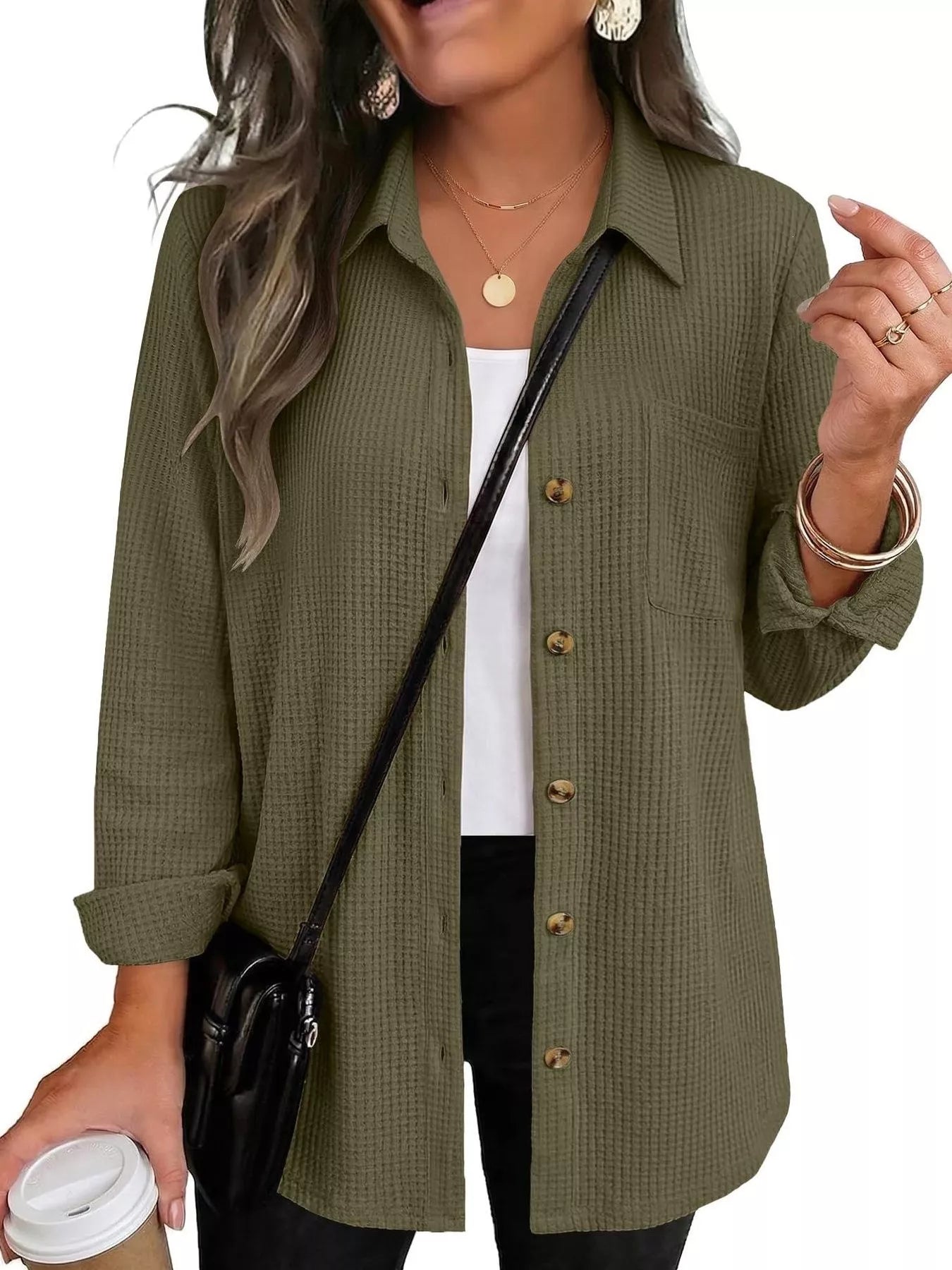 Trendsi Waffle Knit Button-Down Long Sleeve Shirt -