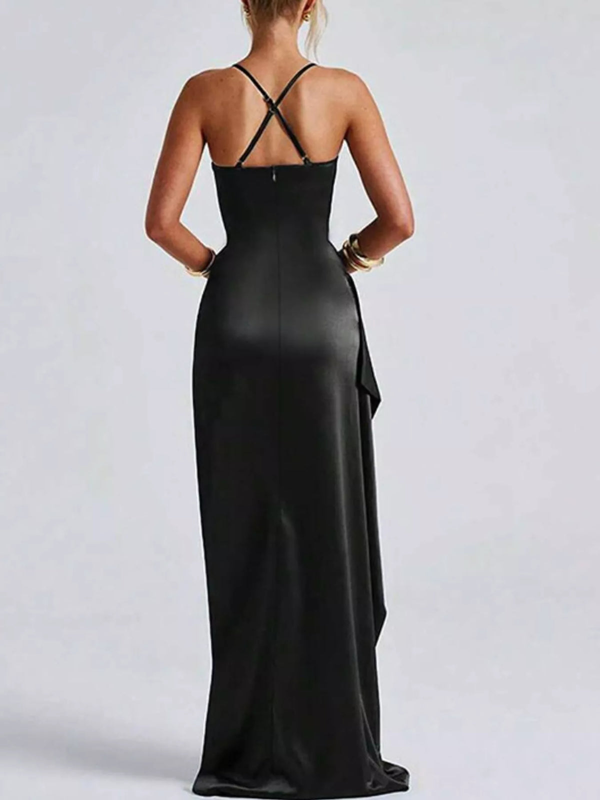 Black satin ruched high slit maxi dress, back view