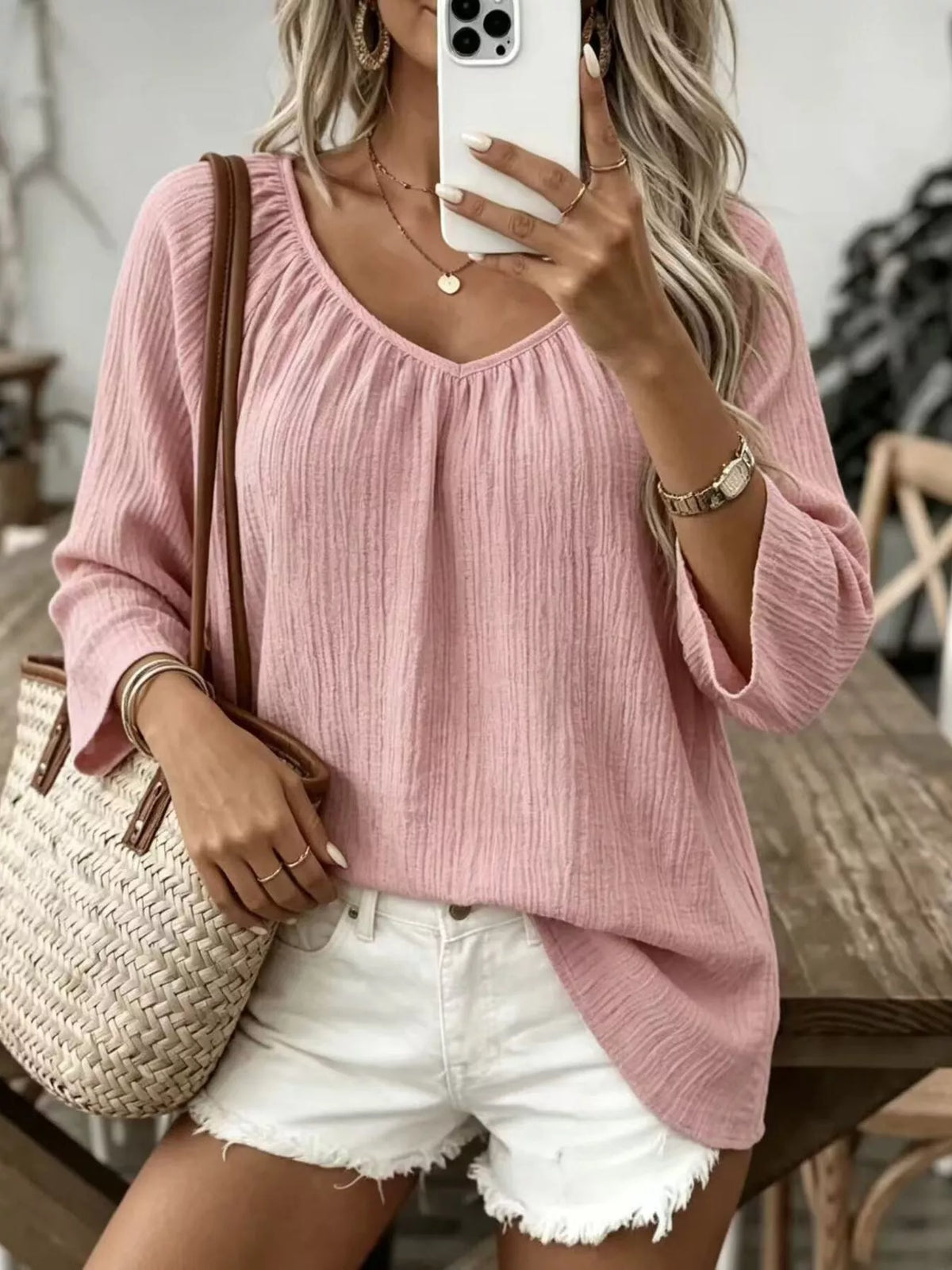 Textured V-Neck Casual T-Shirt, front view