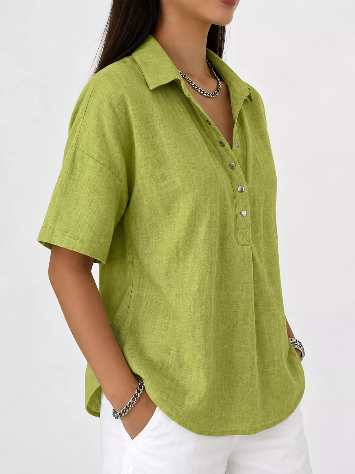 Snap Down Shirt in yellow-green, side view