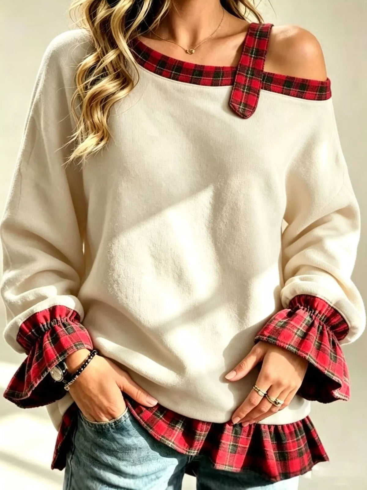 Plaid Ruffled Hem Asymmetrical Neck Sweatshirt in cream, front view