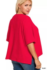 Trendsi Zenana Full Size Double Knit Side Slits Hi Low Short Sleeve Top Plus Size -
