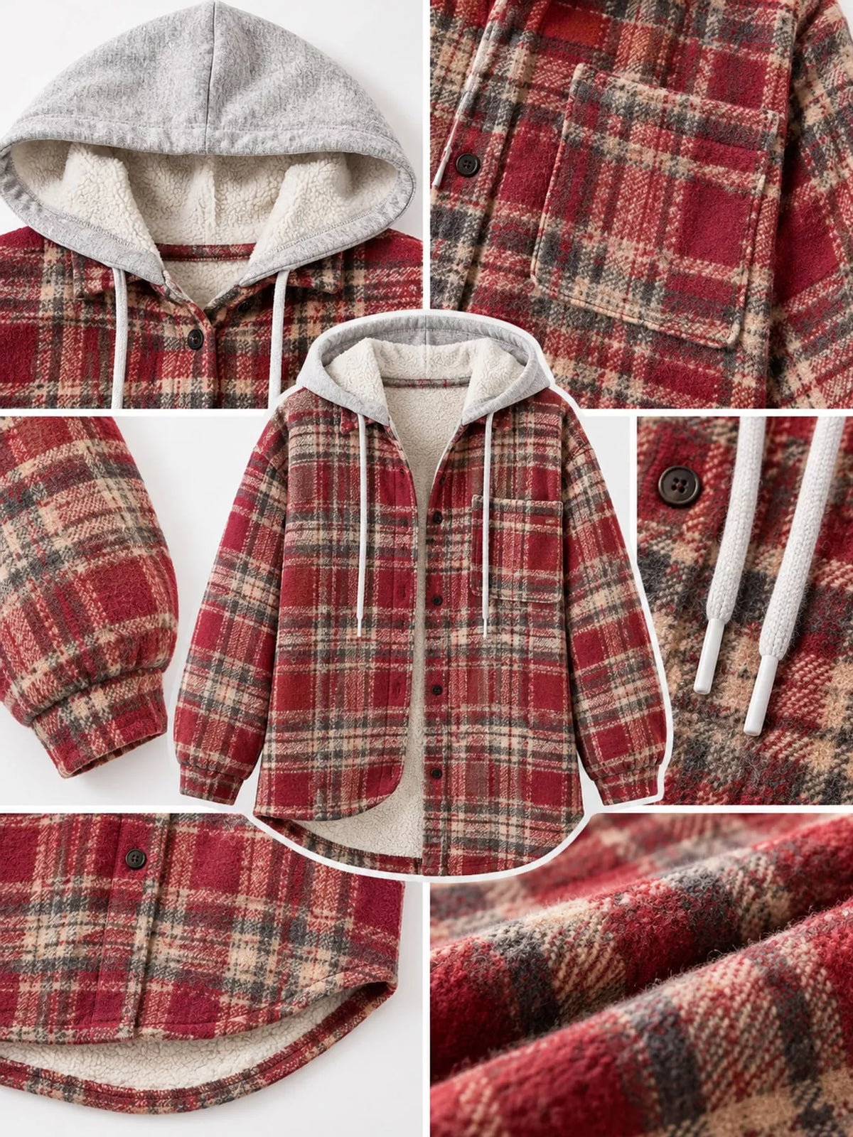 Red plaid button-up hooded shacket, hood, button front, sleeve, hem, and fabric details