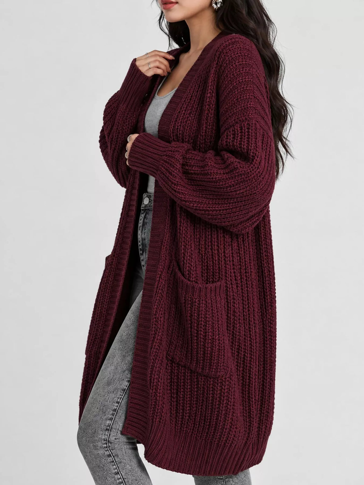 Longline knit cardigan, burgundy side