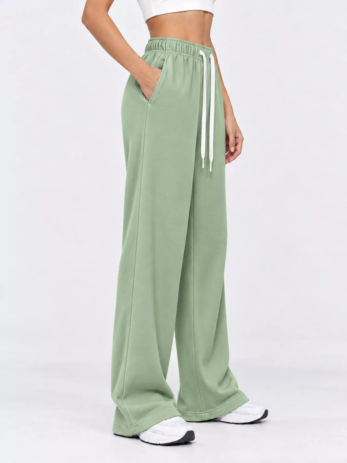 Mint green wide-leg pants with drawstring