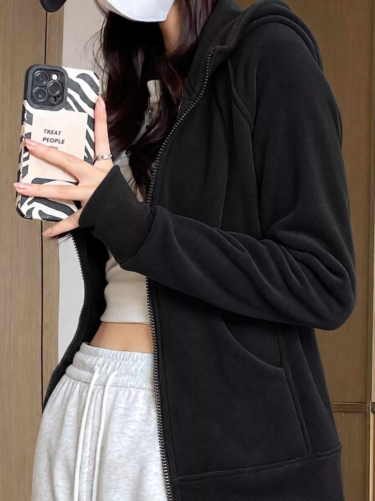 Slim-Fit Full-Zip Thumb Hole Long Sleeve Hoodie with Pockets — side view