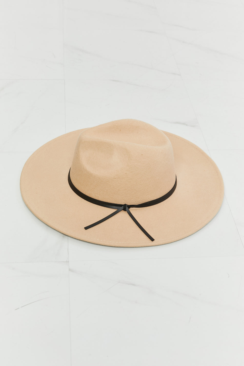 Women's Beige Fedora Hat With Faux Leather Knot Adjustable Strap — product view 4
