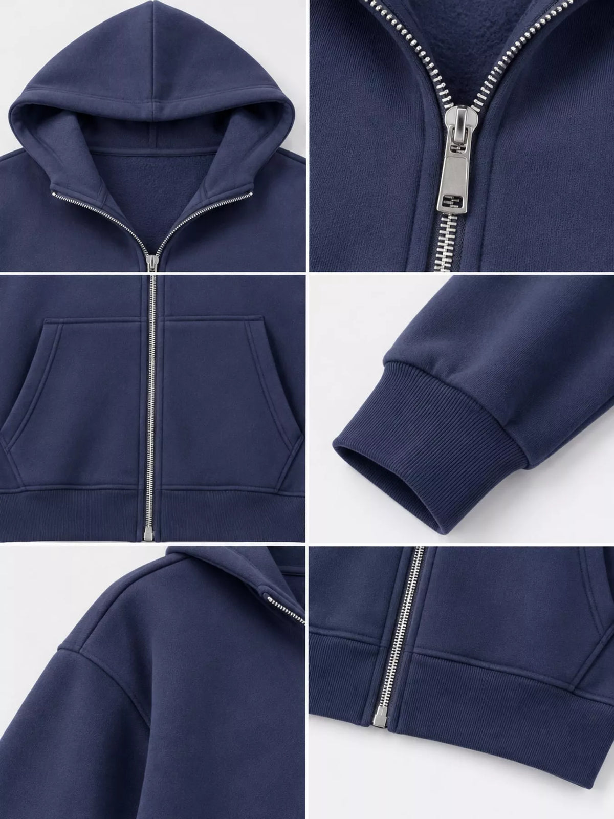 Women's Zip-Up Dropped Shoulder Hoodie in blue — detail collage view