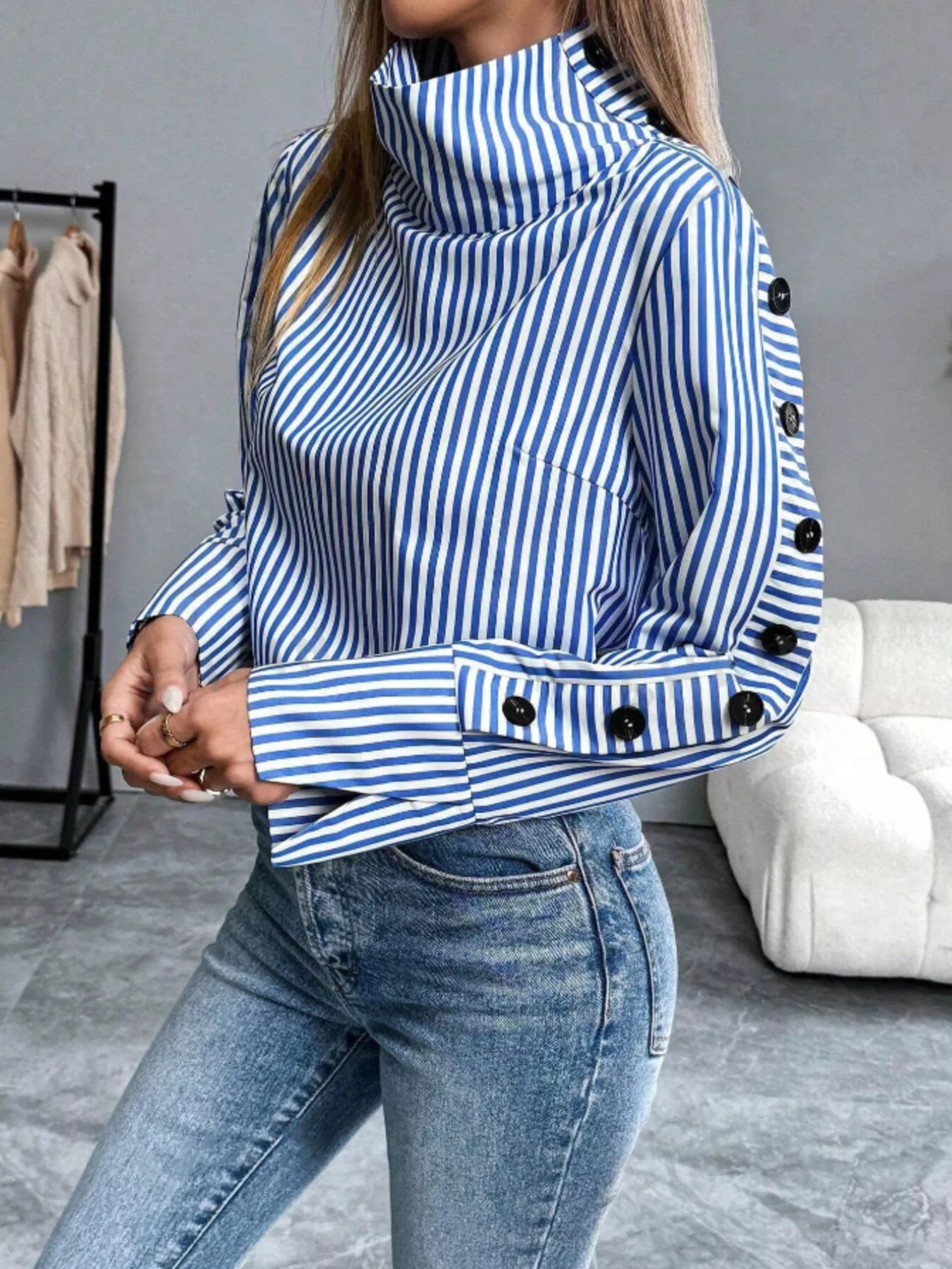 Trendsi Striped Turtleneck Long Sleeve Blouse -