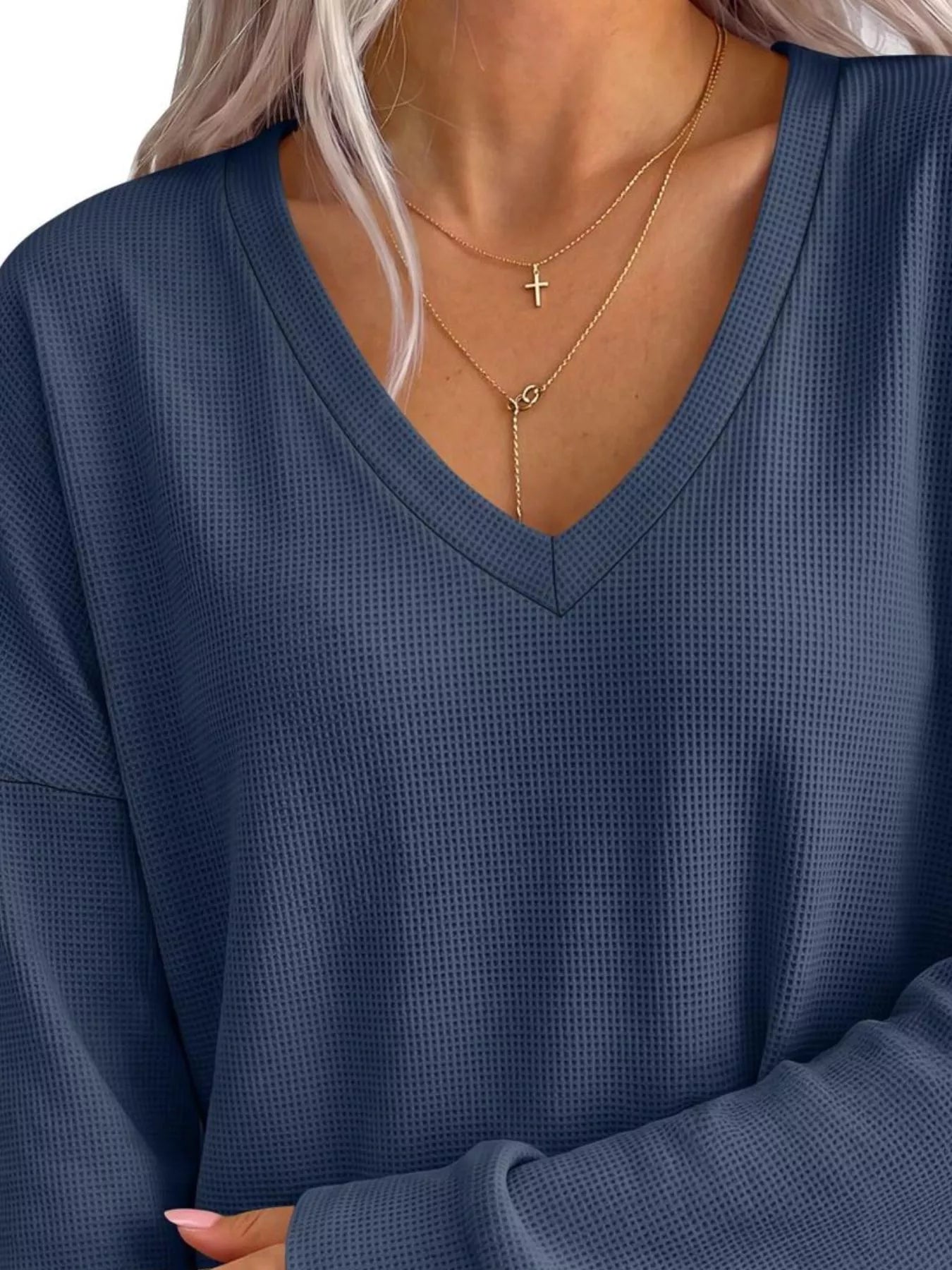 Trendsi Side Slit Waffle Knit V-Neck T-Shirt -