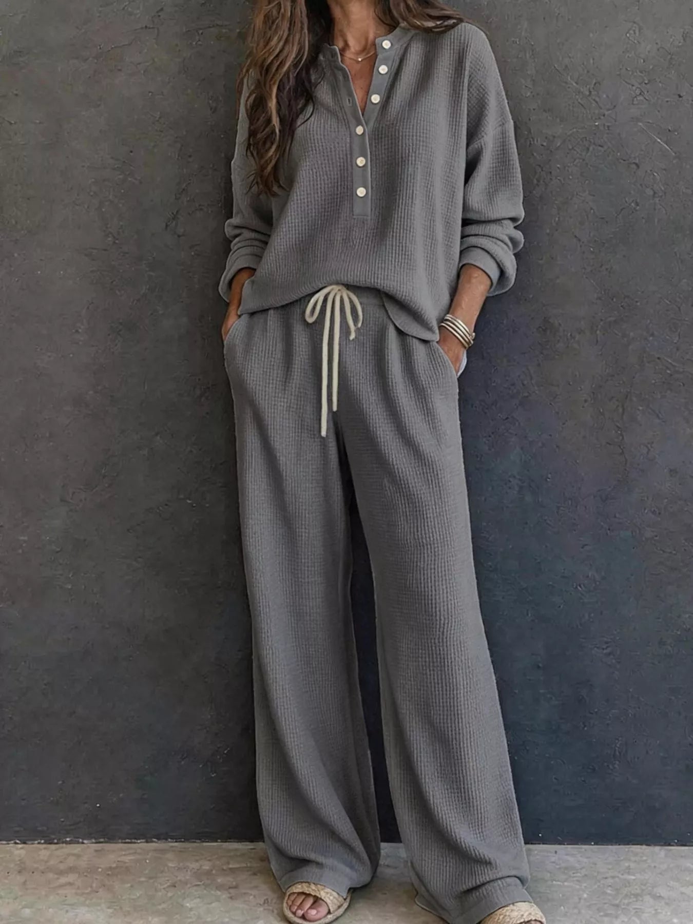Trendsi Waffle Knit Henley Top and Wide Leg Pants Set -