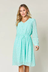 Trendsi Double Take Full Size Printed Ruched V-Neck Long Sleeve Dress -