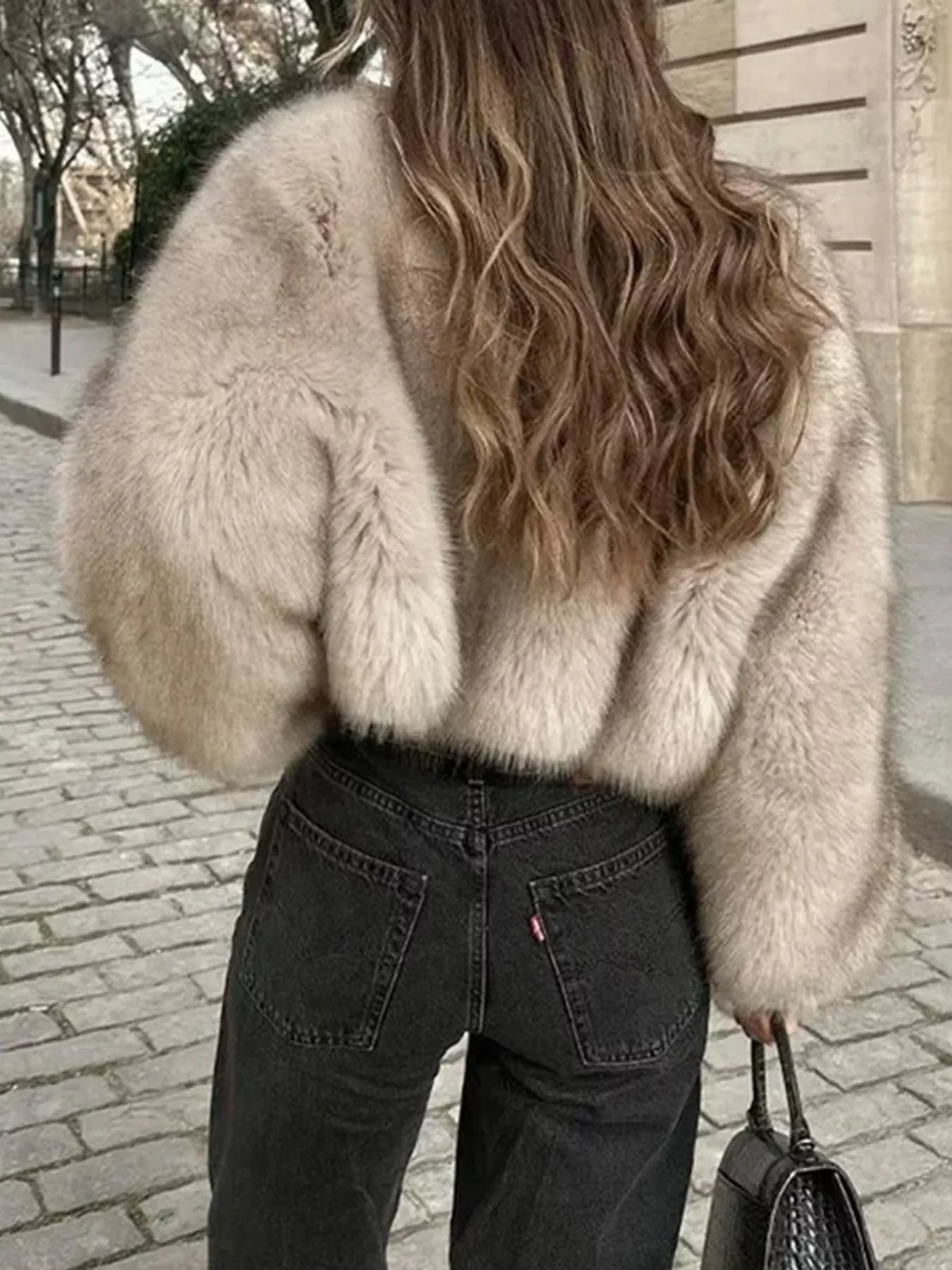 Faux Fur Cropped Coat, back view in beige